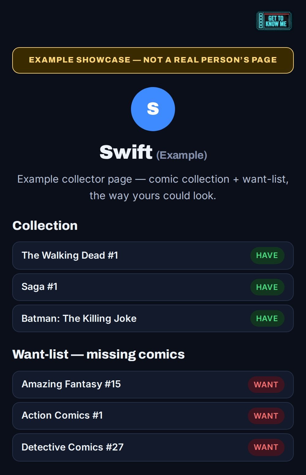 Screenshot of the example collector page: a comic collection and want-list